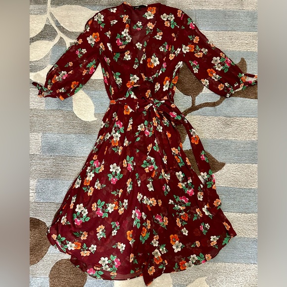 Maje Reselia Burgundy Sheer Floral Chiffon Ruffle Midi Self Tie Wrap Dress - Picture 3 of 12